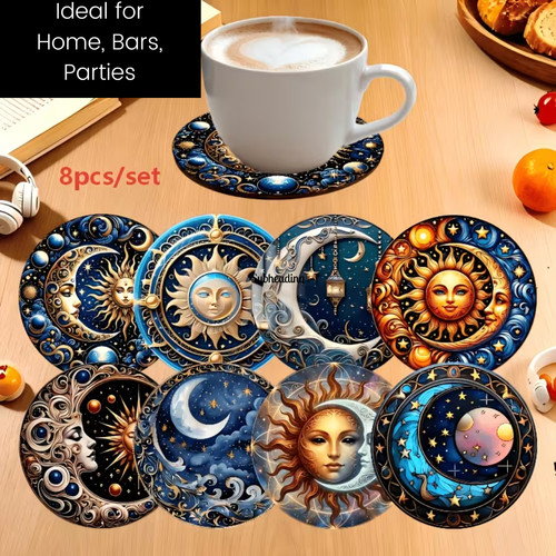 Sun moon rustic coasters - sun, tea