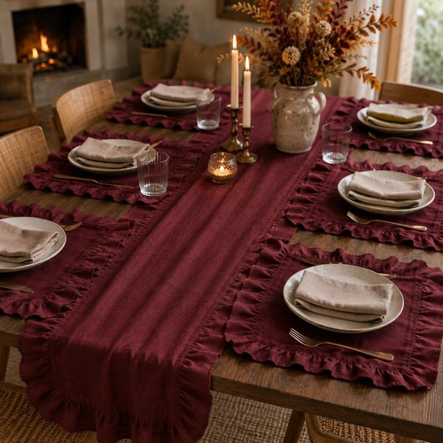 Burgundy ruffle table linen - burgundy,